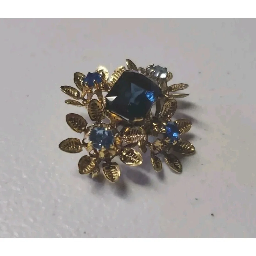 Gold Tone Blue Rhinestone Flower Cluster Brooch Made‎ In Austria